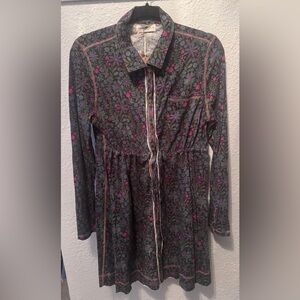 Floral Drawstring Button-Up Dress in Dark Green and Pink